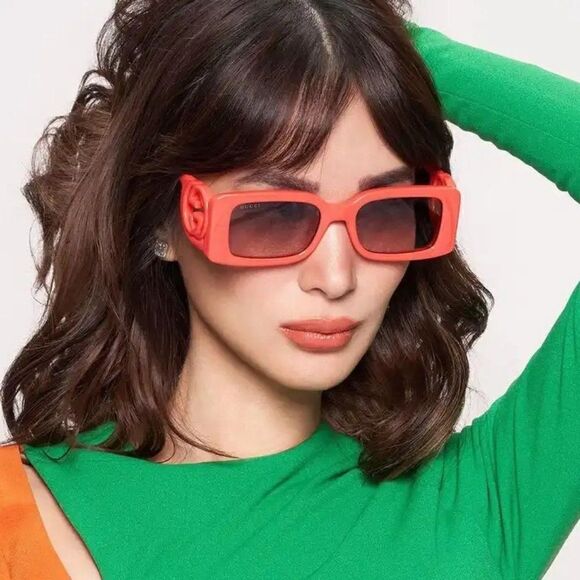 NEW Gucci GG1325S 005 Red Brown Gradient Rectangle Women Sunglasses - Picture 2 of 12